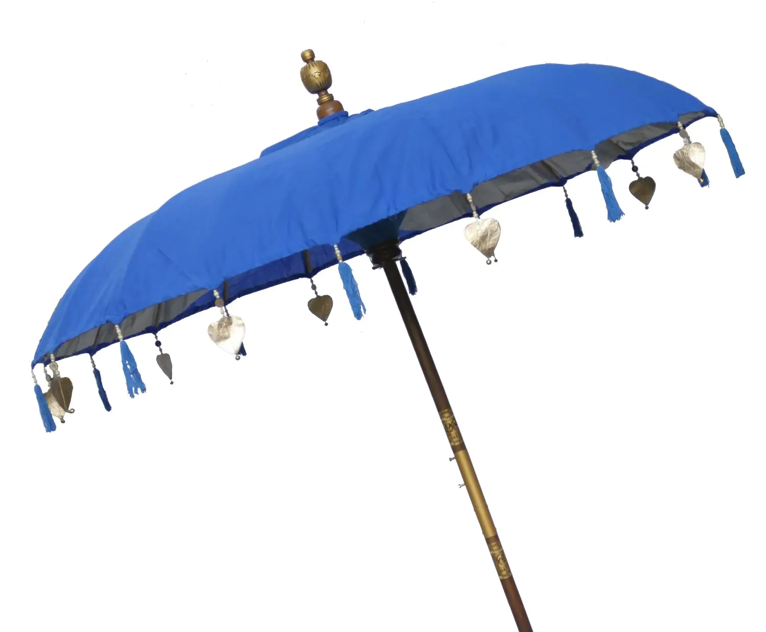  Product image 2 of the product “Bali umbrella, Turquoise with wooden coins and gold leaves hanging around the edge. Approx. 190cm dia. and 250cm height ”